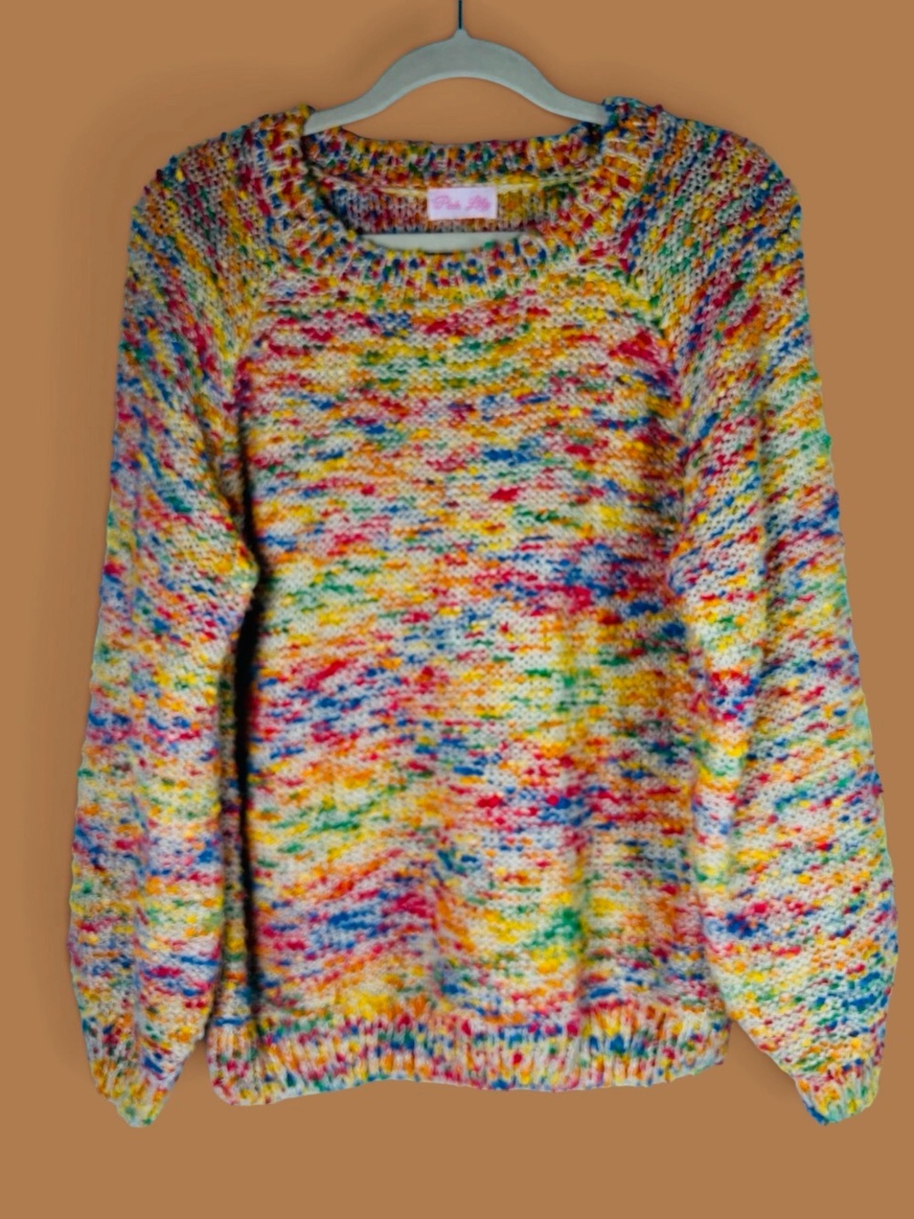 Pink Lily Women’s Multicolored Crochet Knit Sweater Sz S Soft